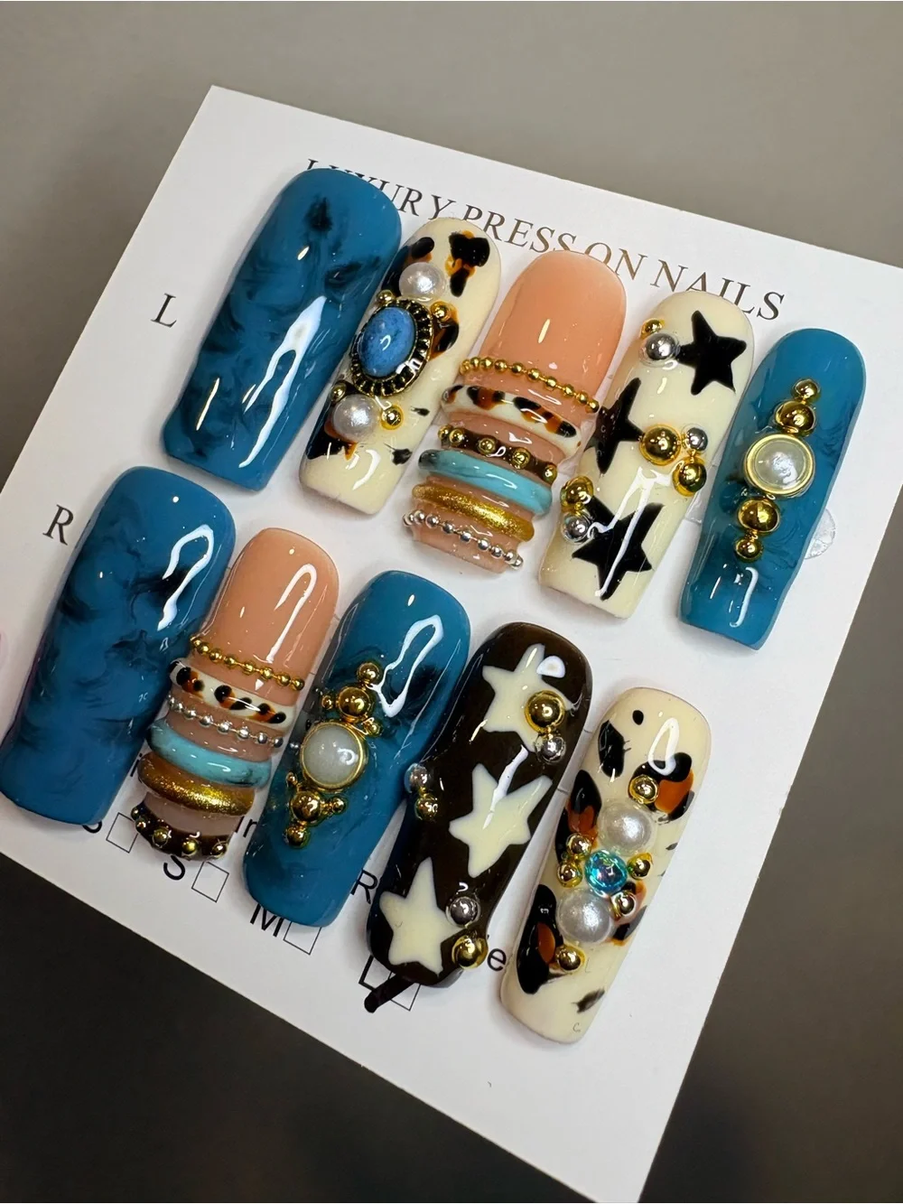 Blue & Peach Acrylic Nail Set with Star and Jewel Accents